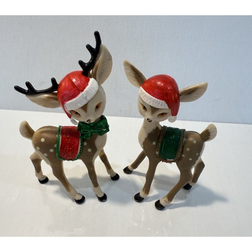 Pair Of Vintage Reindeer Hard Plastic Deer Lot of 2 Doe Christmas Hats 60's